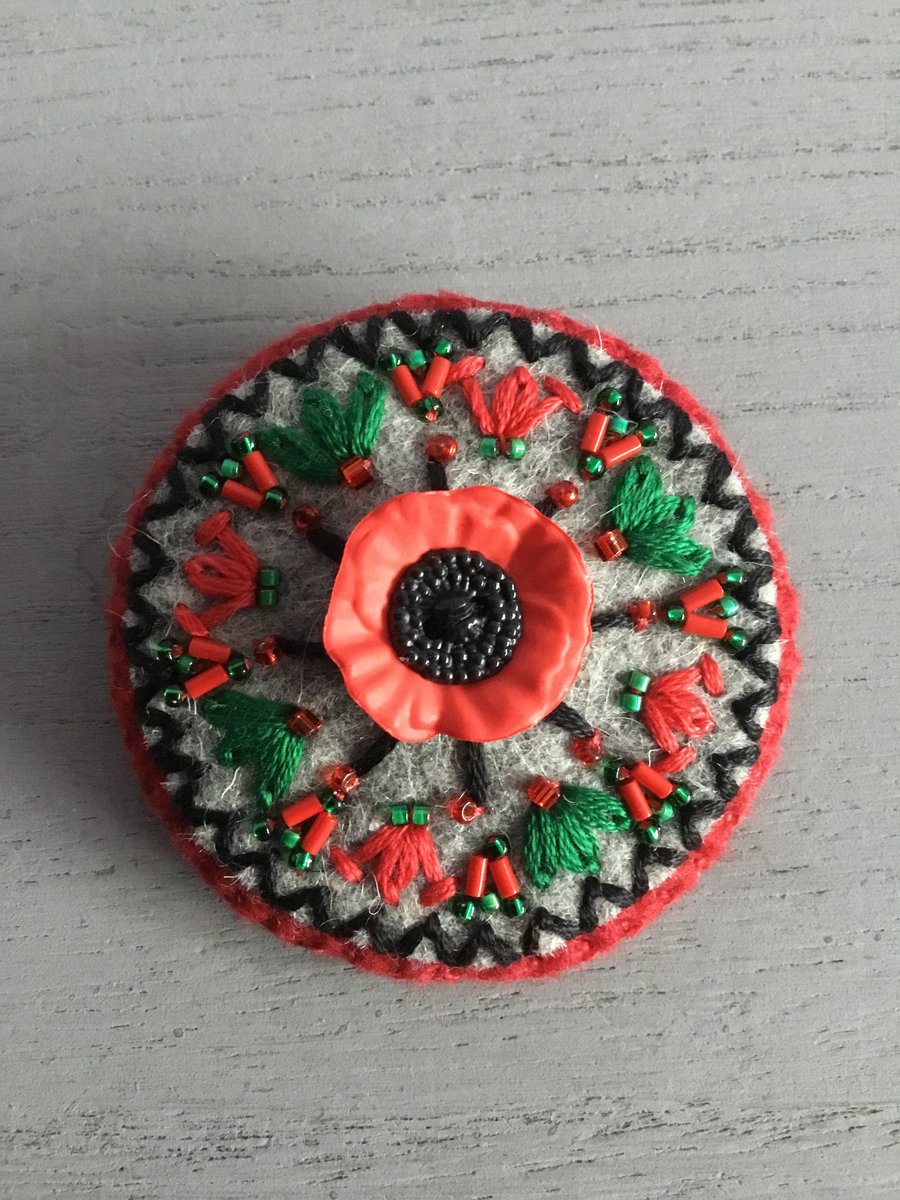 Hand Embroidered Poppy Brooch