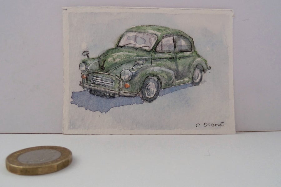 ACEO original watercolour painting classic Morris Minor 1000 saloon car