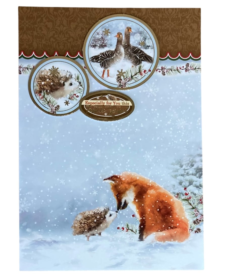 Christmas Card. Luxury Fox and Hedgehog Christmas Card. Festive Forest.