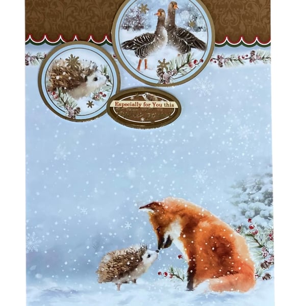 Christmas Card. Luxury Fox and Hedgehog Christmas Card. Festive Forest.