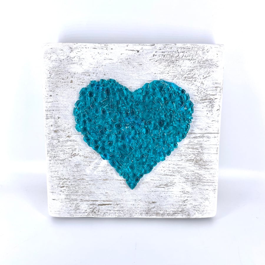 Turquoise Crushed Glass Heart on Reclaimed Wood