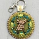 Hand Embroidered Highland Cow Keyring or Bag Charm