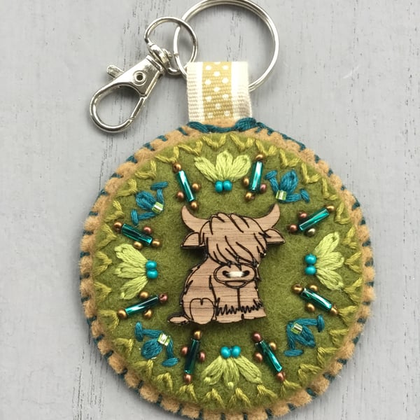Hand Embroidered Highland Cow Keyring or Bag Charm