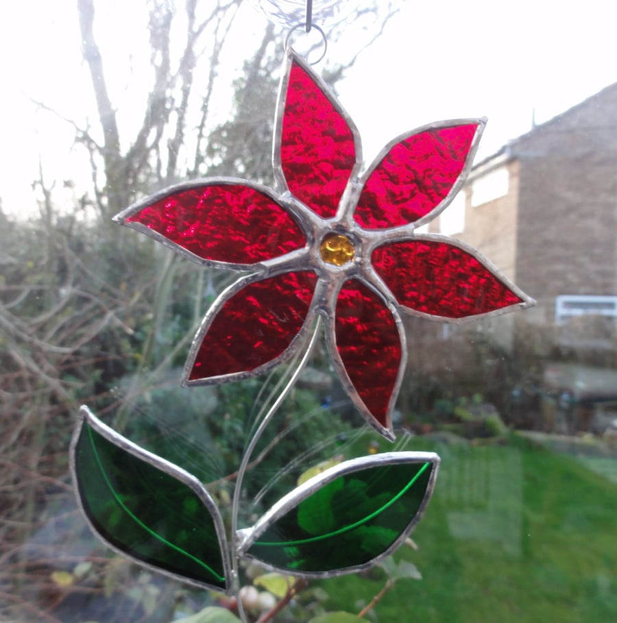 Stained Glass Flower Suncatcher - Red