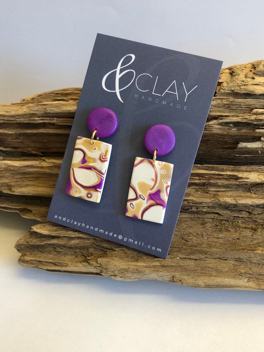 Purple, Gold and White Mokume Gane Rectangle Polymer Clay Earrings