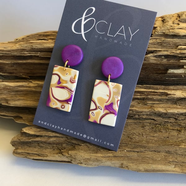 Purple, Gold and White Mokume Gane Rectangle Polymer Clay Earrings