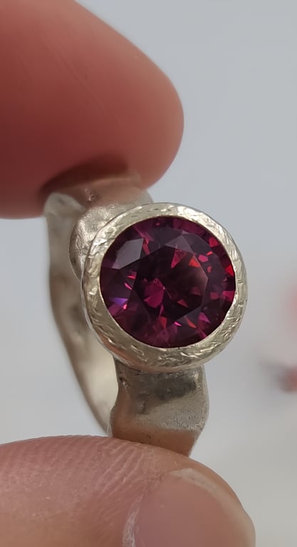 Forged Silver Ring with Pink Faceted Cubic Zirconia