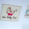 New Baby Girl Card - Embroidered baby pram with button wheels