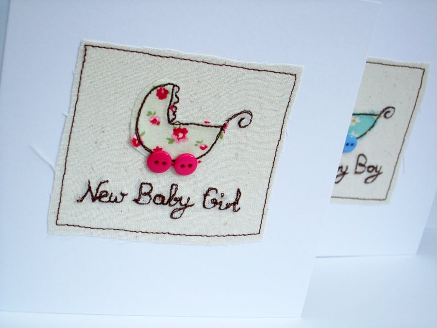 New Baby Girl Card - Embroidered baby pram with button wheels