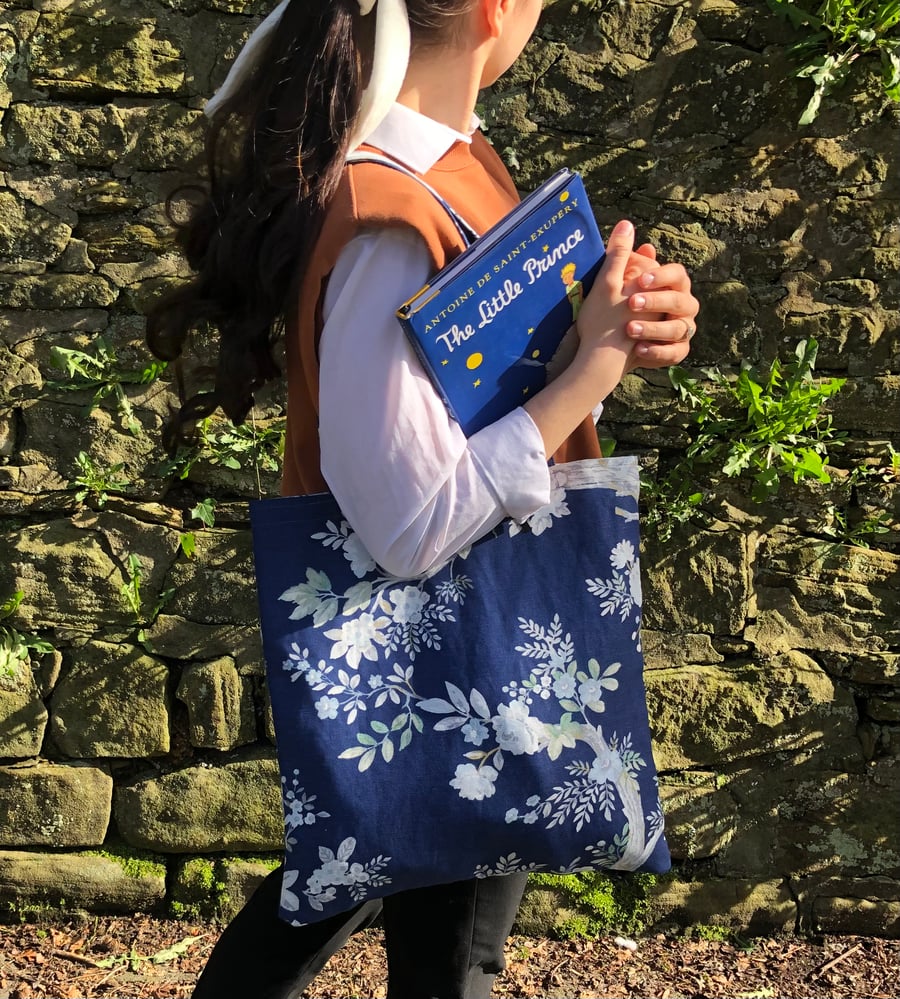 FLOWER TOTE BAG, Tote Bag, Reusable Tote Bag, Floral tote bag, Rose Bag Blue Bag