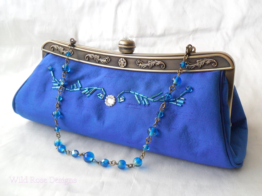 Blue silk evening bag. Clutch bag. Wedding or Prom bag.