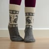 READY TO SHIP wool socks bunny rabbit grey white nordic christmas fairisle 