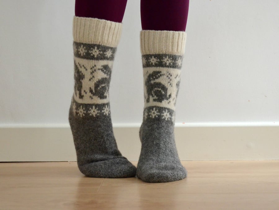 READY TO SHIP wool socks bunny rabbit grey white nordic christmas fairisle 