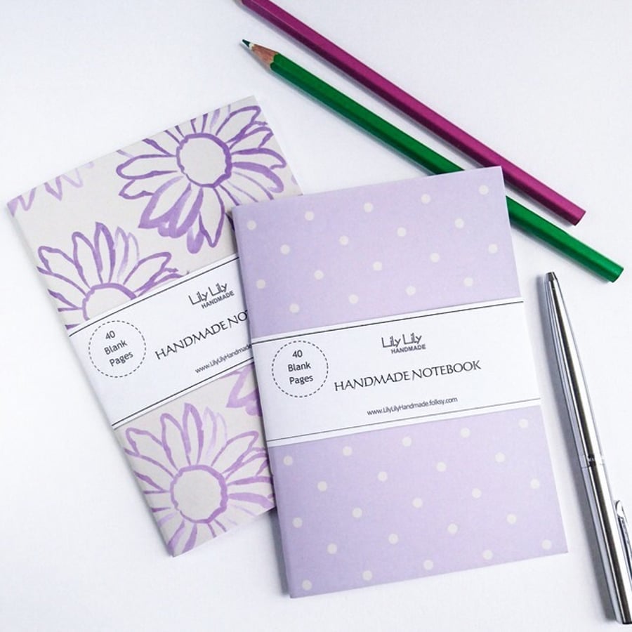 Two handmade pocket notebooks, polka dot & floral designs