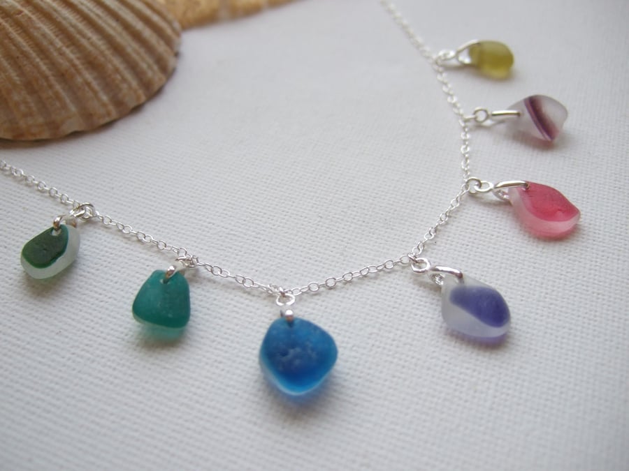 Sea glass rainbow necklace, Seaham rainbow beach glass necklace, multi coloured 