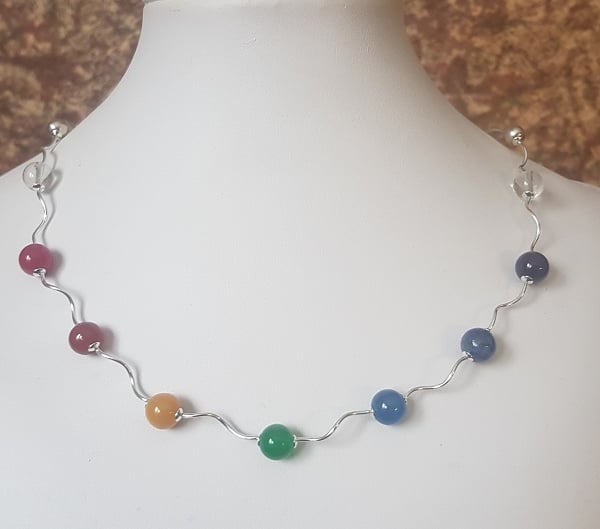 Sterling Silver and Semi-precious gem Rainbow necklace - also for yoga chakras