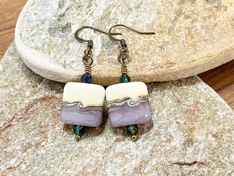 Lilac and cream chunky square glass earrings