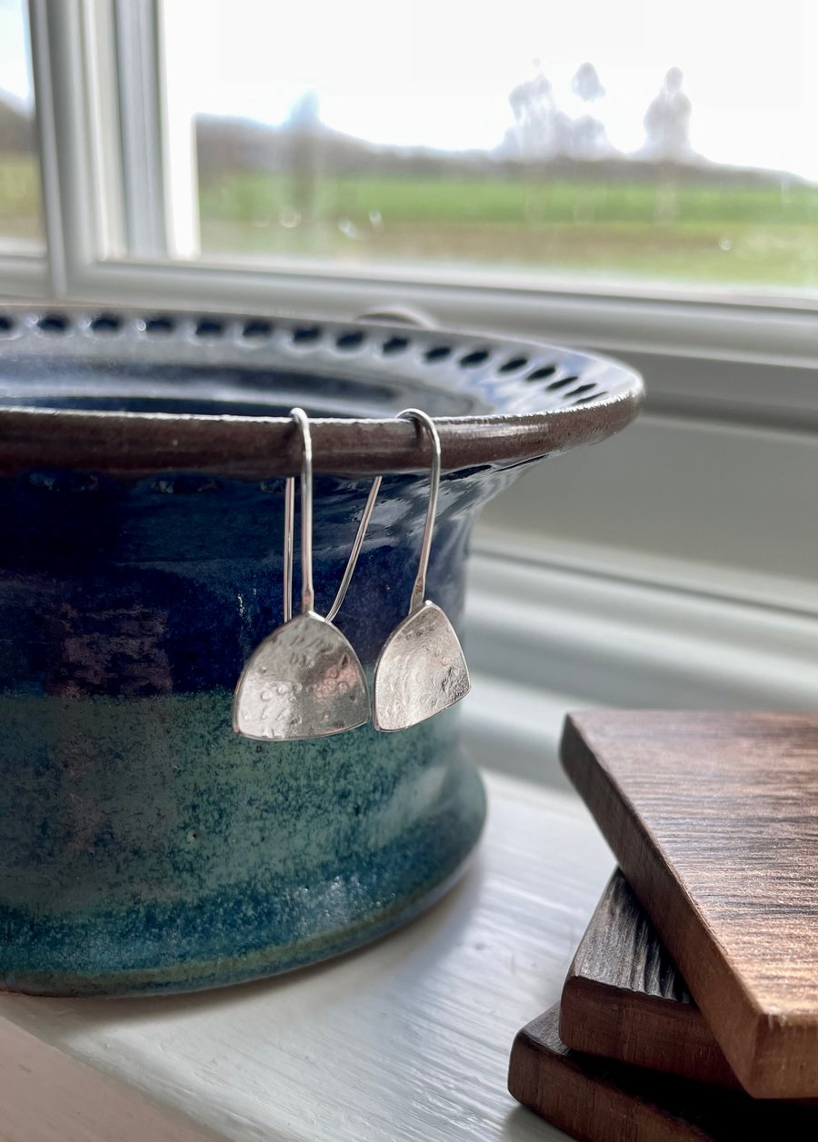 Triangle Danglies, in textured sterling silver