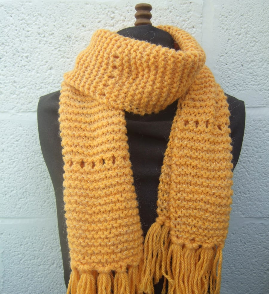 Hand Knit Scarf in Mustard Chunky Yarn - Free UK P&P