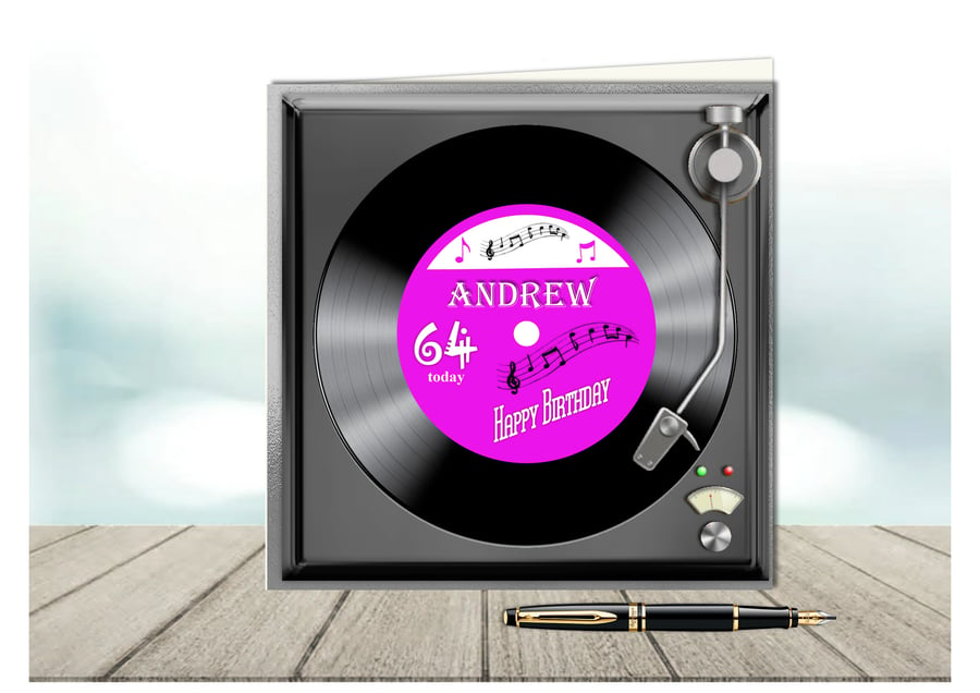 Personalised Vinyl Record on turntable birthday card with magenta label 