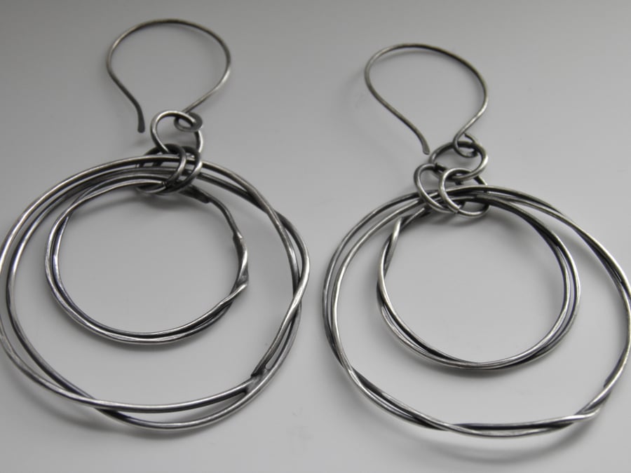 Large Sterling Silver Earrings Handcrafted Organic Hoops Oxidised Circle Design