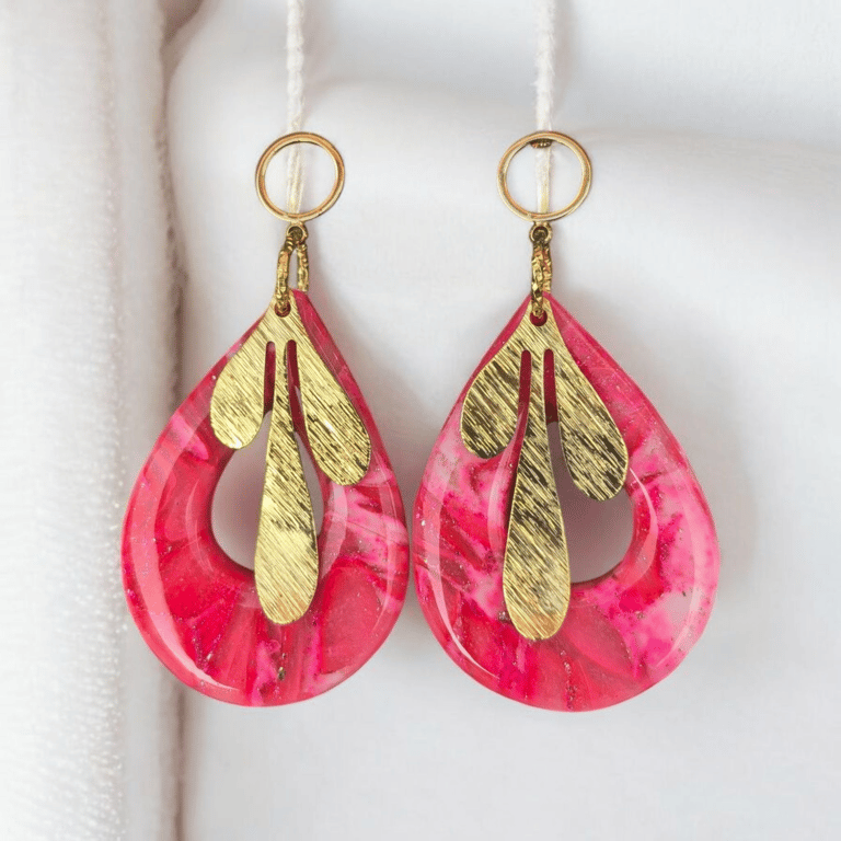 Large pink marble Tear Drop Handmade polymer clay Earrings