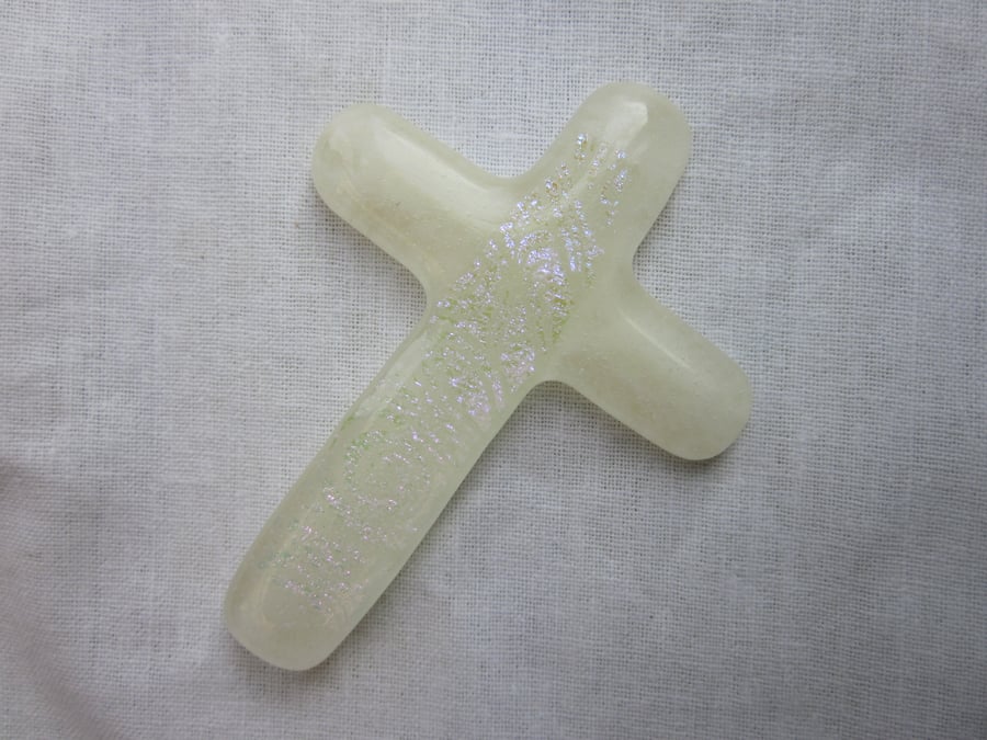Handmade cast glass holding cross - Washed white