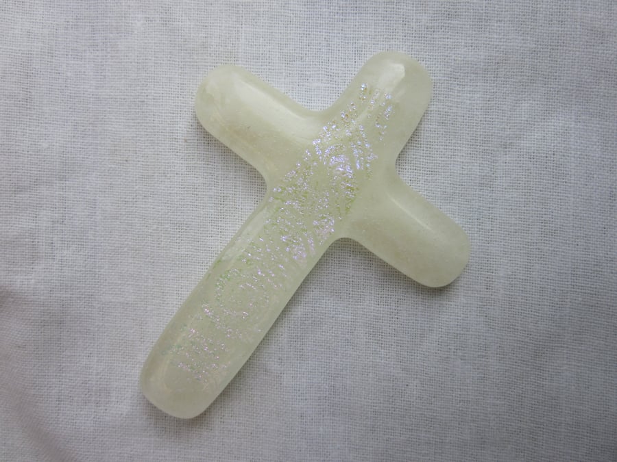 Handmade cast glass holding cross - Washed white