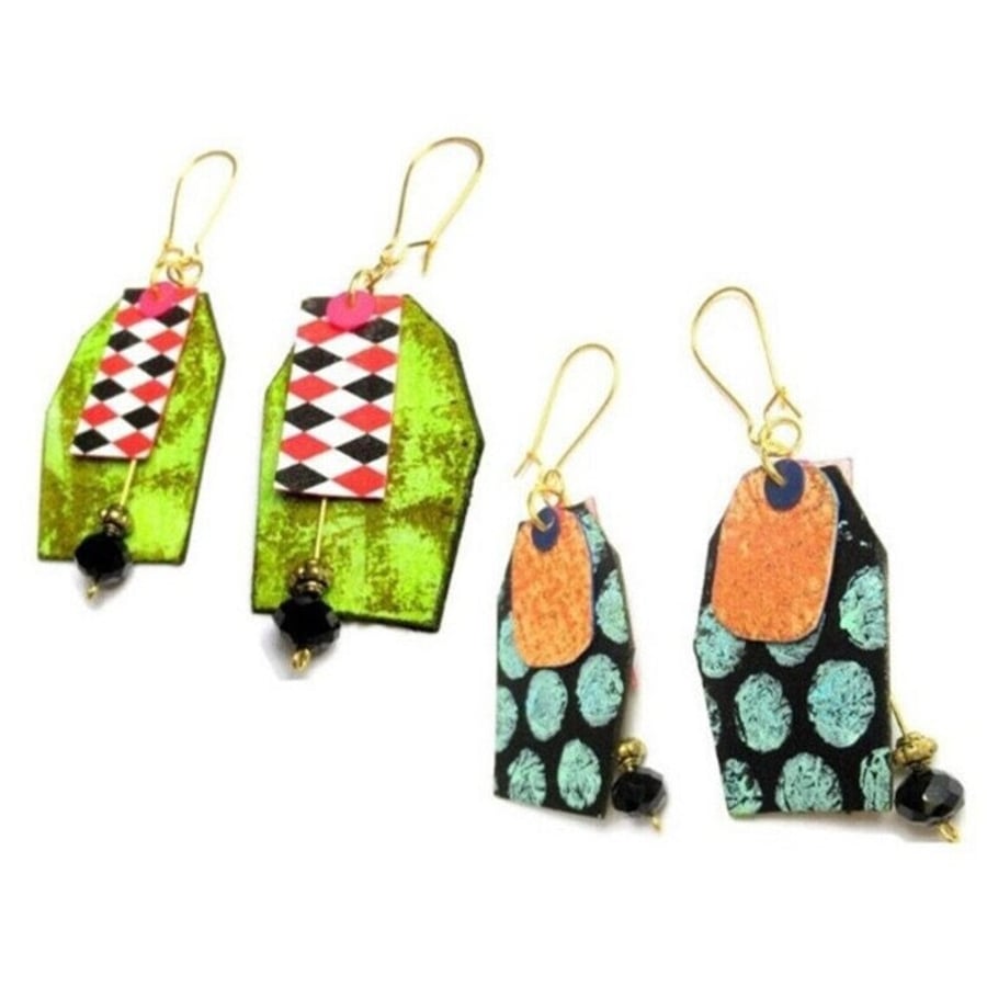 Reversible Earrings Geometric Green & Multi Harlequin Check Funky Over The Top
