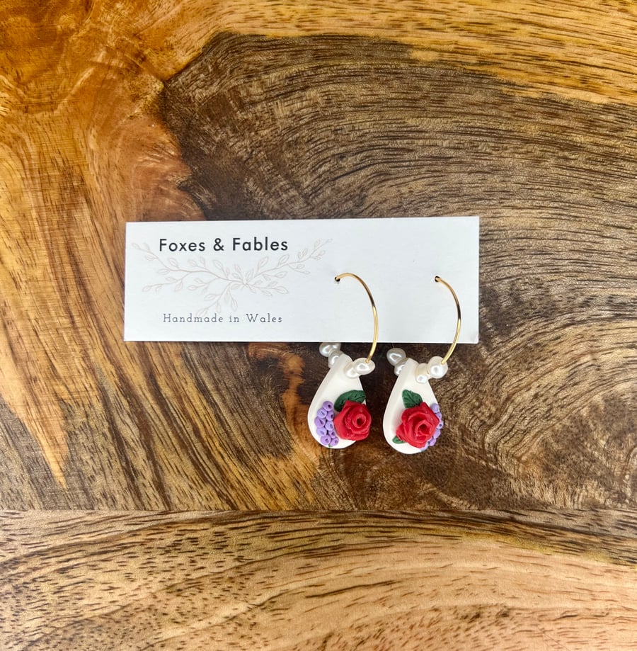 Hoop Earrings with Red Roses and Freshwater Pearls