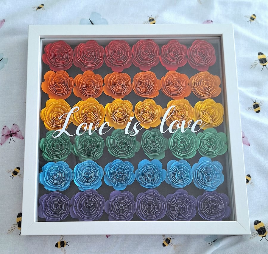 Rainbow Pride "Love is Love" 3D Shadow Box Frame with Hand Rolled Flowers