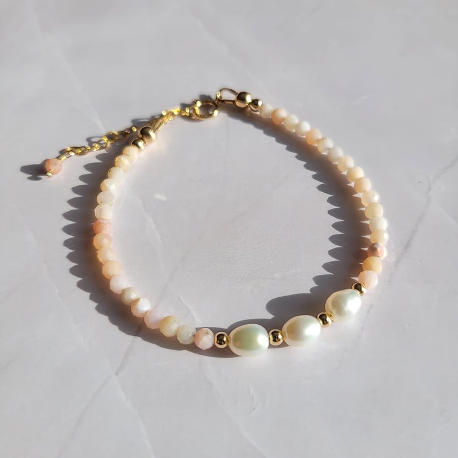 Pink Opal and Pearl Bracelet 14kt Gold Filled, October Birthstone Bracelet
