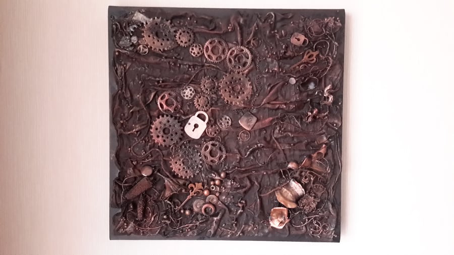 SALE Steampunk Mixed Media Canvas, 16" Steampunk Picture, Cogs in Motion  