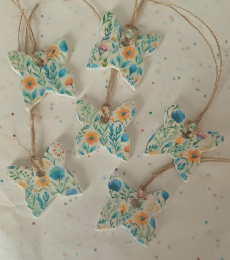 Set of 6 Handmade Clay Floral Butterfly Gift Tags