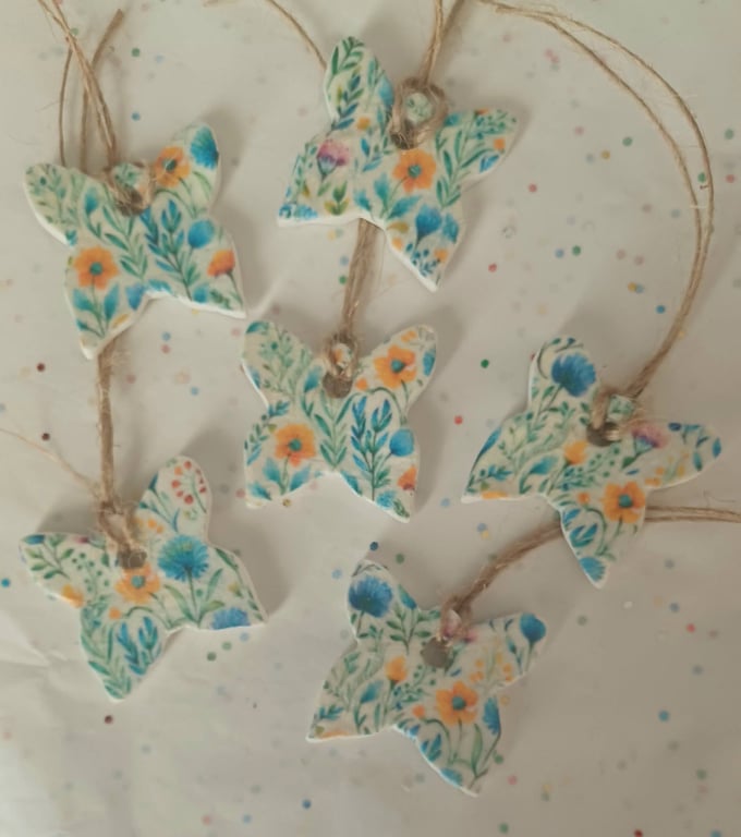 Set of 6 Handmade Clay Floral Butterfly Gift Tags