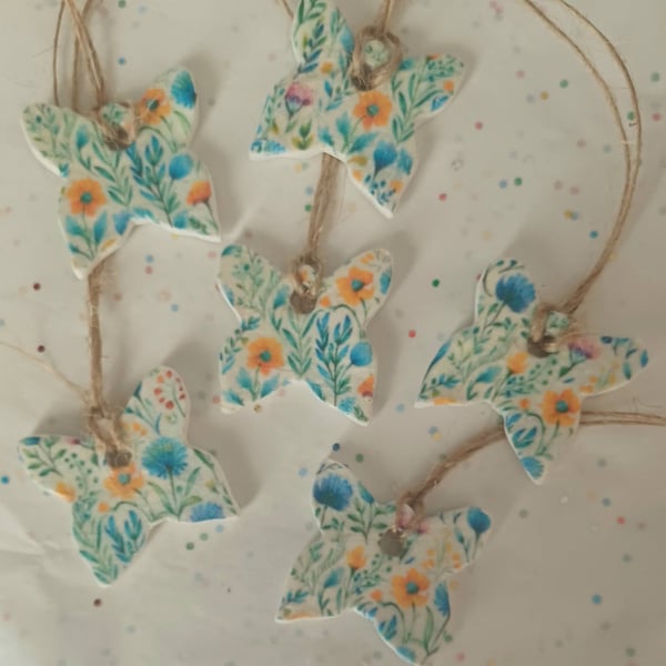 Set of 6 Handmade Clay Floral Butterfly Gift Tags
