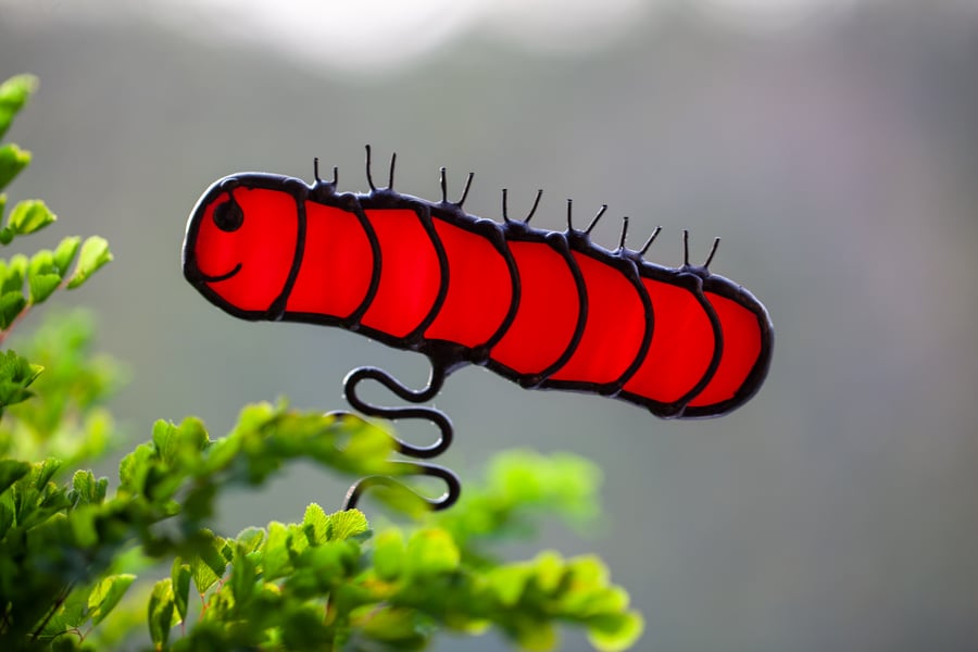 Stained glass caterpillar plant stake, sun catcher, plant accessory, vase decor