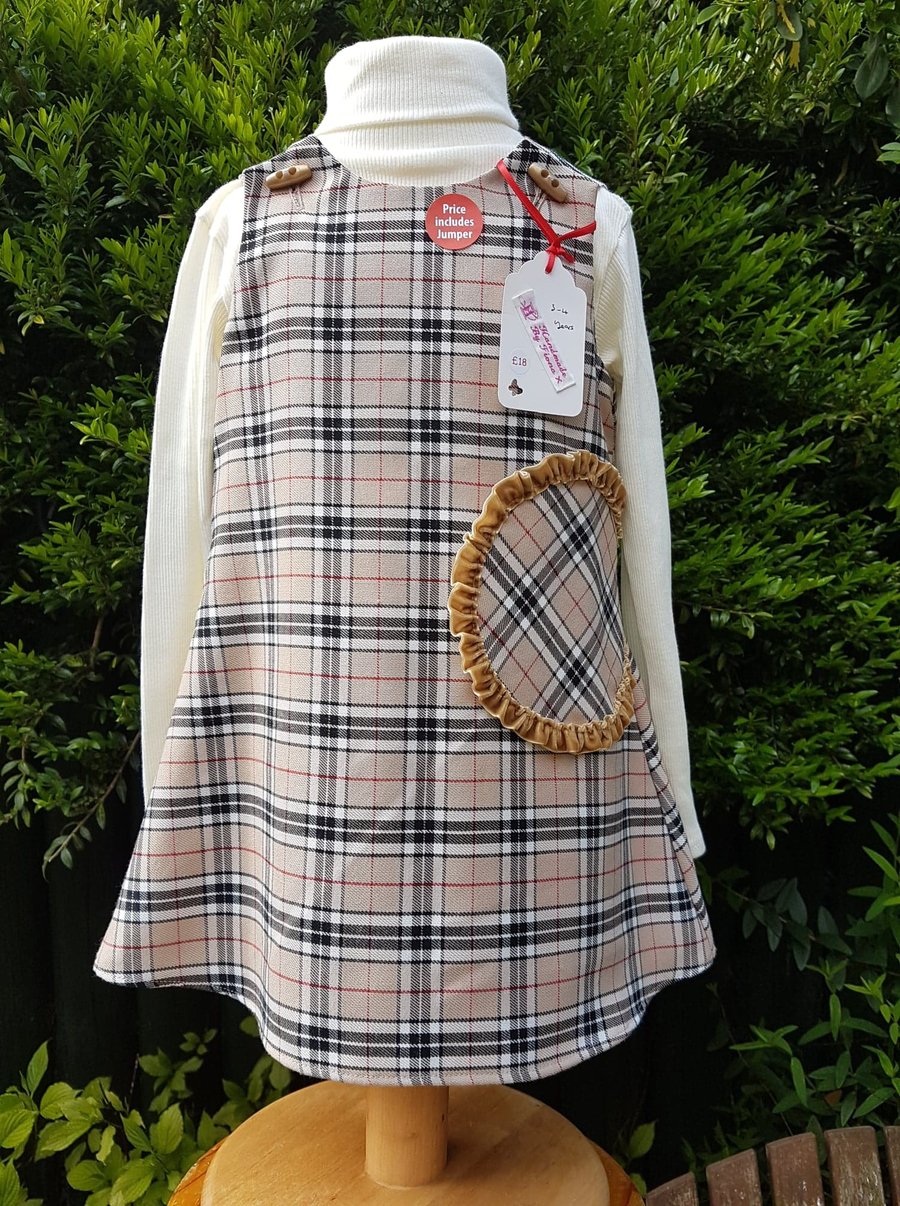 Age: 3-4y. Stone check tartan lined pinafore dress. 