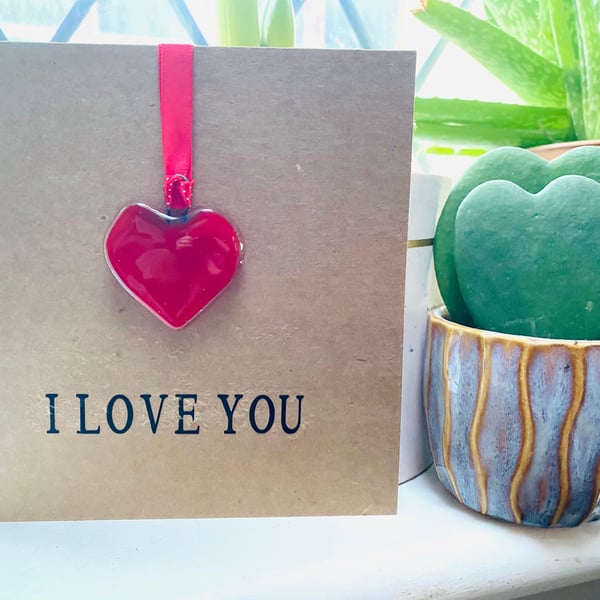Love You Greetings Card with Detachable Fused Glass Heart