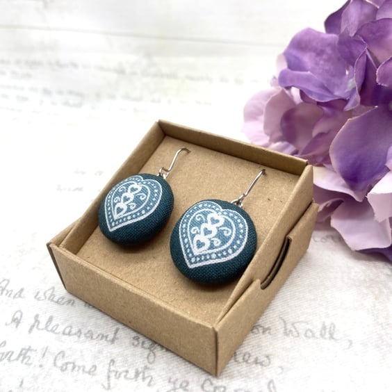 Summer Seconds - Scandi love Hearts fabric button dangle earrings