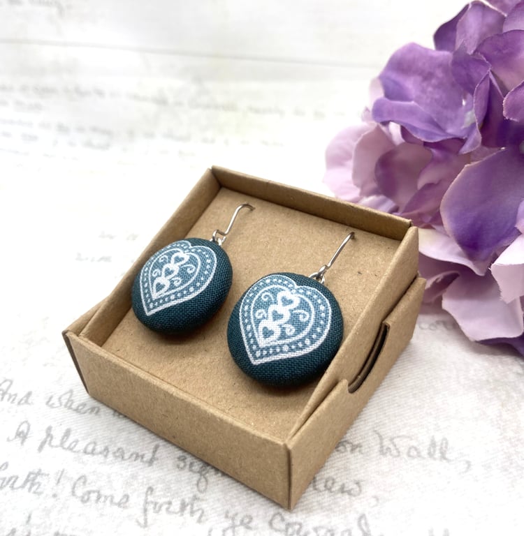 Summer Seconds - Scandi love Hearts fabric button dangle earrings