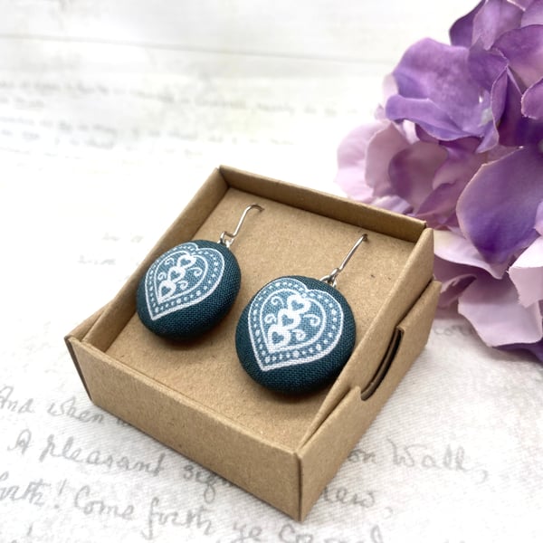 Summer Seconds - Scandi love Hearts fabric button dangle earrings