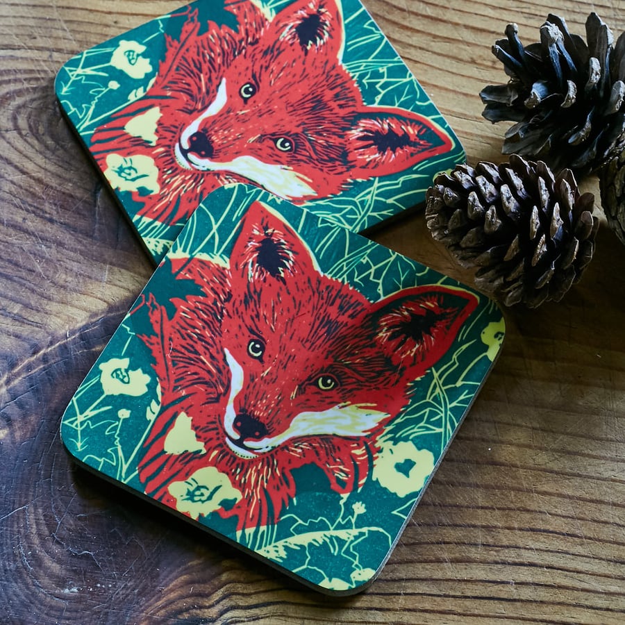 'Fox Amongst Buttercups' coasters (Set of two)
