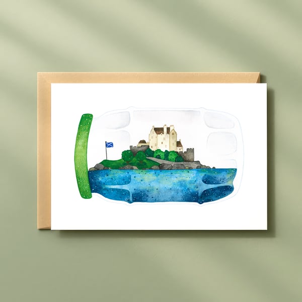 Eilean Donan in a jar, A6 giclée greetings card with recycled brown envelope