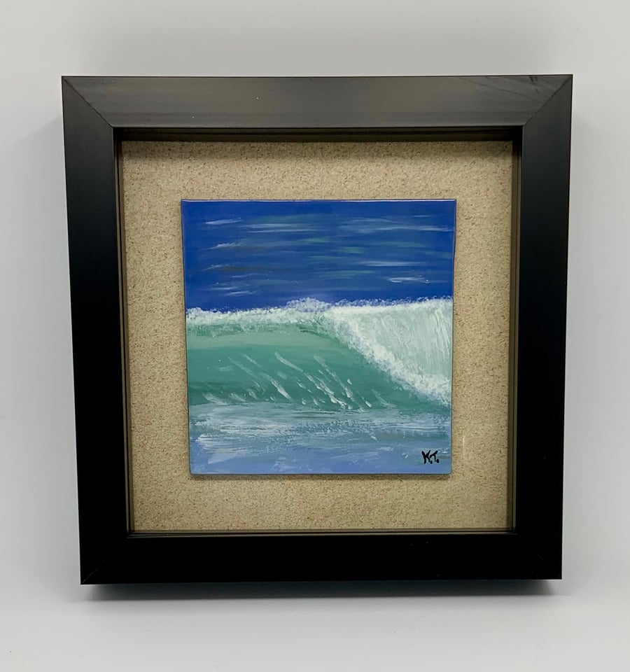 Framed Square Hand painted Enamel Wave seascape on glass