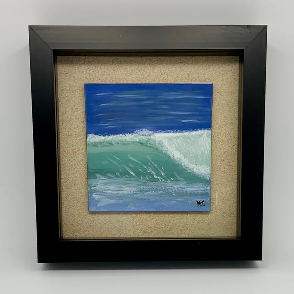 Framed Square Hand painted Enamel Wave seascape on glass