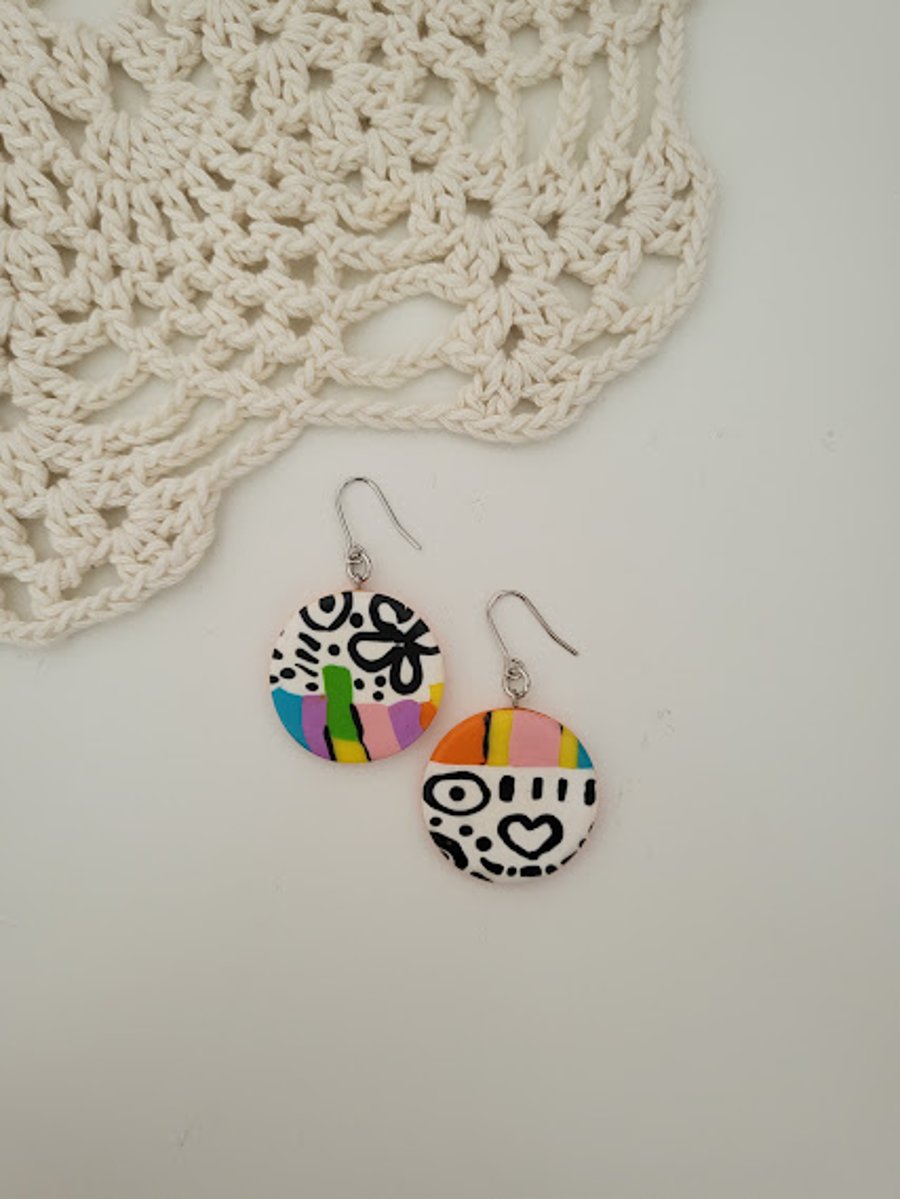 Handmade Polymer Clay Earrings- Playful Doodle Art Dangle Earrings