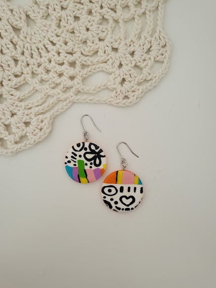 Handmade Polymer Clay Earrings- Playful Doodle Art Dangle Earrings