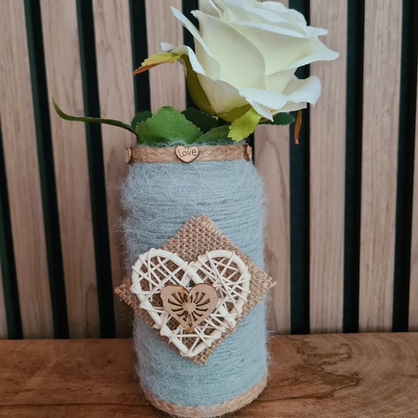 Upcycled glass jar wrapped with sage green cashmere