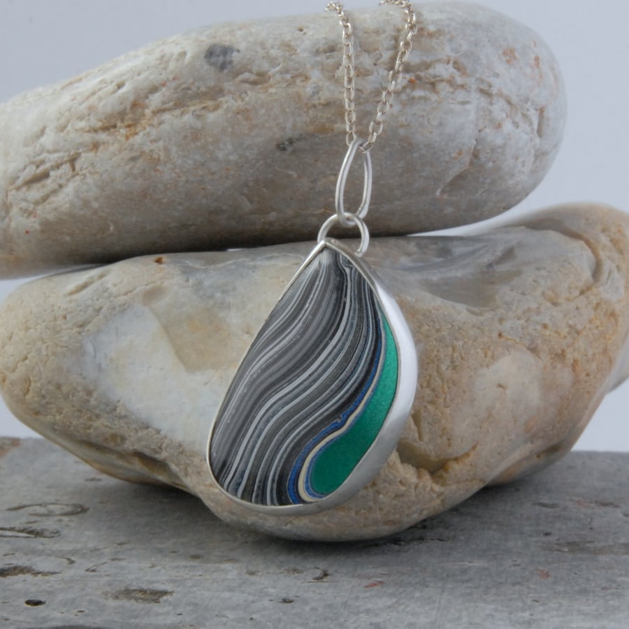 SALE - Sterling silver and modern fordite pendant